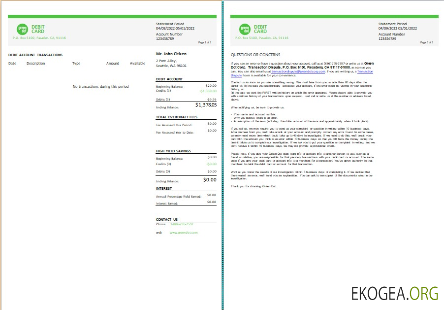 Modèle Word et PDF de relevé bancaire USA Green Dot, 3 pages